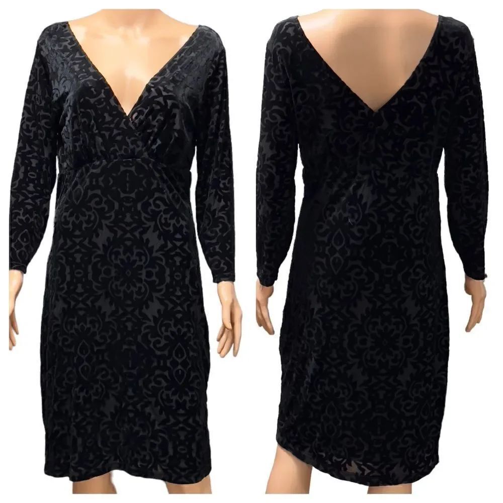 MARINA Black Velvet Floral Long Sleeve Dress Size 10